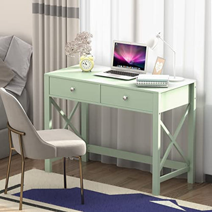 WiberWi Home Office Desk with Drawers, Modern Writing Computer Desk for Bedroom, Small Makeup Vanity Table Study Table for Home Office,Green - color: Green