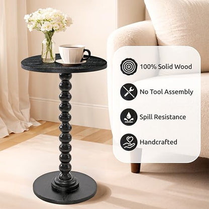 Solid Wood Round Side Table for Living Room, Bedroom and Office — Handcrafted 22-Inch End Table, Bedside Nightstand, Accent Table for Small Spaces with Tool-Free Assembly- Charcoal Gray - color: Charcoal Gray