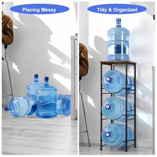 OYEAL 5 Gallon Water Bottle Jug Holder 3-Tier Water Bottle Holder Organizer with Top Shelf, Heavy Duty Water Dispenser Stand Rack for Kitchen Living Room Office, Rustic Brown - style: Round Tube Brown