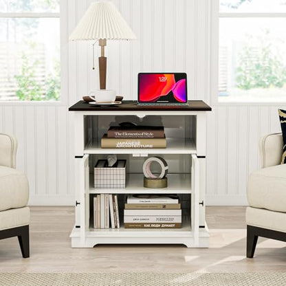 MUUEGM NightStand with Charging Station, Farmhouse Night Stands with 2 Drawers and Adjustable Storage Shelf for Living Room, Bedroom, End Table with Solid Wood Legs - color: White