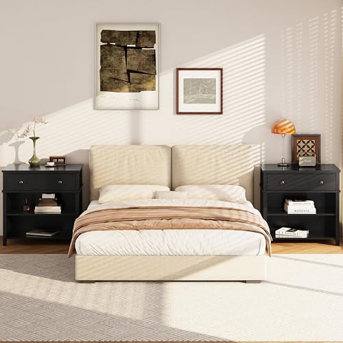 End Table with Drawer and 2 Tier Shelves, Wood Sofa Side Table for Living Room, Modern Nightstand Bedside Table for Bedroom, Small Console Table for Entryway, Hallway, Black - color: Black