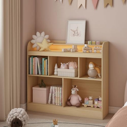 Lkeiyay Kids Bookshelf with LED Lights, Montessori Storage Unit, Natural | Freestanding open cubby kids bookcase with LED light, rounded safety edges, perfect for kids bedroom, playroom & nursery - color: Natural Wood