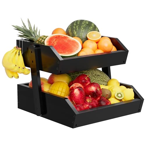 Bamboo 2 Tier Fruit Basket for Kitchen Counter, Large Capacity Fruit Storage Countertop, Fruit Holder, Wood Pantry Organizers and Storage, Kitchen Countertop Organizer With 2 Banana Hangers (Black) - color: Black-2 tier