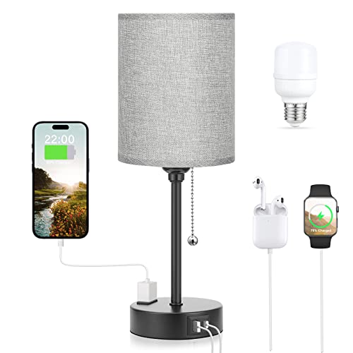 Grey Nightstand Lamps 3 Color Temperatures - 3000K 4000K 5000K Bedside Lamps with USB C and A Ports, Pull Chain Table Lamps with AC Outlet, Small Lamps with Black Metal Base for Sleeping Reading - color: Gray, size: 14.6 in