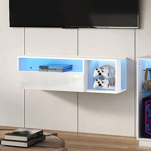 sogesfurniture 39.3'' Floating Wall TV Cabinet Stand with LED Lights, Wall Mounted Entertainment Center with Storage Shelves, Modern High Gloss Media Console for Living Room, Bedroom - size: 39.3''-White