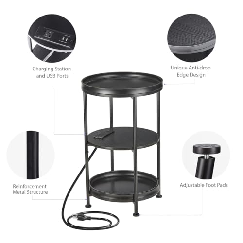 Dulcii Round Side Table with Charging Station, 24'' End Table with 3 Shelves for Living Room, Bedroom Nightstand with Steel Frame for Small Spaces, Industrial Round Sofa Table (USB+Black) - color: Black, style: With Outlets