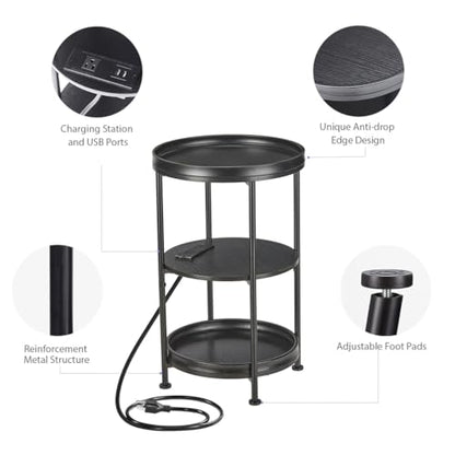 Dulcii Round Side Table with Charging Station, 24'' End Table with 3 Shelves for Living Room, Bedroom Nightstand with Steel Frame for Small Spaces, Industrial Round Sofa Table (USB+Black) - color: Black, style: With Outlets