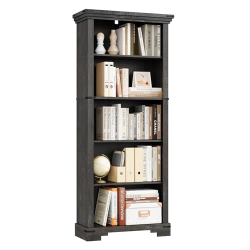 5-Tier Farmhouse Bookshelf, 61.1 inch Tall Bookcase with Storage & Unique Design & One Adjustable Shelf, Wooden Bookshelf for Study Room, Living Room, Home Office, Bedroom (Black) - color: Black