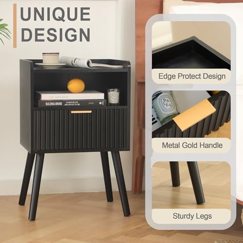 AWASEN Black Fluted Nightstand Set of 2, Modern Bedside Table Set of 2 with Storage Drawers, Small Nightstand Bed Side Table with Solid Wood for Living Room, Bedroom, Office and Small Spaces (Black) - color: Black Set of 2