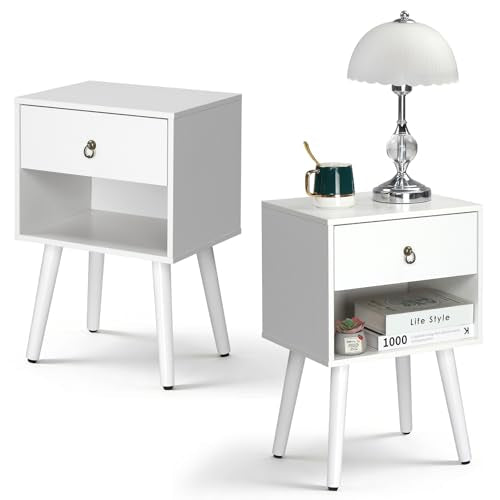 Bonnlo White Nightstand Set of 2, Modern Bedside Table with Drawer Open Shelf, End Table with Solid Wood Legs for Bedroom, - color: White, size: 1 Drawer 1 Shelf