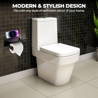 Toilet Paper Holder with Shelf, Black Anti-Rust Aluminum Tissue Roll Holder with Mobile Phone Storage Shelf for Bathroom, 3M Self Adhesive No Drilling or Wall Mounted with Screws - color: Black