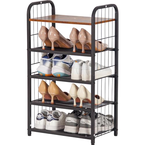 Tall Slim Shoe Rack for Entryway Closet, 5-Tier Shoe Organizer | Narrow Vertical Shoe Storage Shelf Wood with Guardrails, Metal Mesh Shelves, Wooden Top,for Front Door Entrance Small Spaces - size: 17.32" X 10.24" X 29.33"
