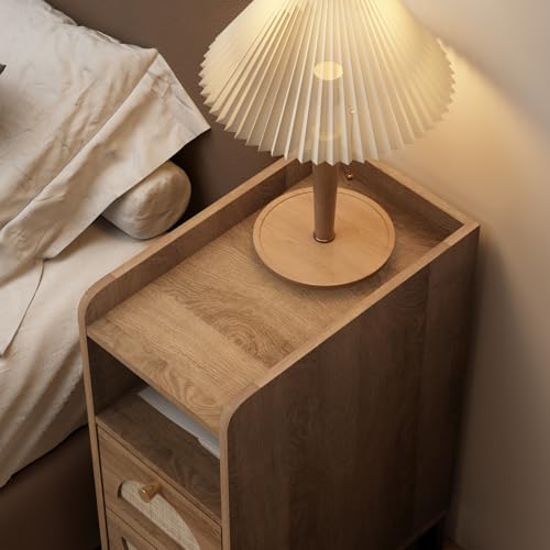 Narrow Nightstand for Small Spaces - 9.3" Slim Side Table with Rattan-Weave Drawers, Skinny Bedside Table with Open Shelf, Rustic Tall Thin Gap Filler for Bedroom & Sofa Side, Caramel Oak - color: Caramel Oak