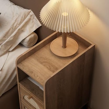Narrow Nightstand for Small Spaces - 9.3" Slim Side Table with Rattan-Weave Drawers, Skinny Bedside Table with Open Shelf, Rustic Tall Thin Gap Filler for Bedroom & Sofa Side, Caramel Oak - color: Caramel Oak