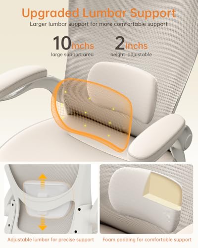 MUXX.STIL Office Chair, PU Leather Ergonomic Desk Chair with Adjustable Lumbar Support and Flip up Armrest, Breathable Mesh Computer Chair for Home Office, Khaki - color: Cream Khaki (Pu Leather Seat)