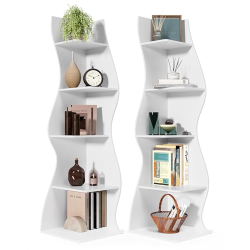 LITTLE TREE 70-Inch Corner Shelf, Seaweed Shaped Etagere Display Bookshelf, Freestanding 5-Tier Wall Shelves for Small Spaces, Bedroom, Living Room, 2 Pack, White - color: White, size: 2 Pack