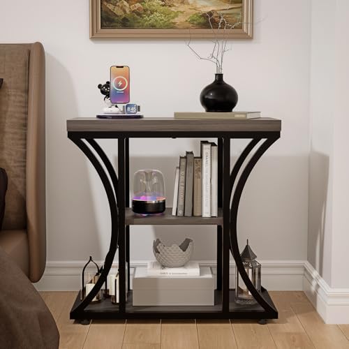 3-Tier End Table, Grey Nightstand with Storage Shelves, Narrow Side Table for Living Room, Bedroom, Small Spaces – Wood and Metal Accent Table (1, Grey) - color: Grey