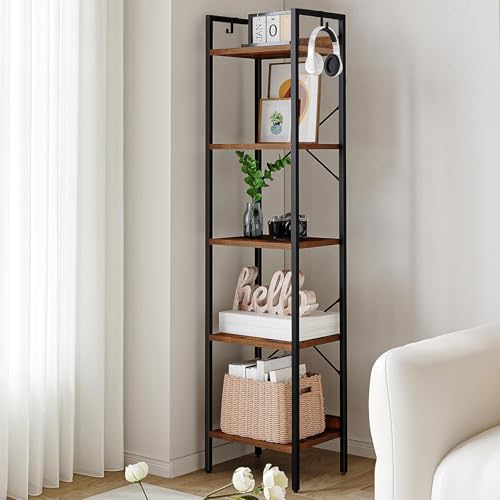 Hzuaneri Bookshelf, Book Shelf, Industrial Bookcase with 2 Hooks, Coner Shelf Storage Organizer for Home Office, Living Room, Bedroom, Kitchen, 5-Tier Rustic Brown BC10501B - color: Rustic Brown, size: 9.4"D x 15.7"W x 63"H
