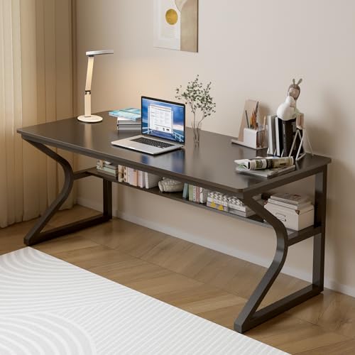 OSCHF 55-Inch Extra Long Desk with Storage Shelf, Black | Double Long Writing Table, Space-saving, 2-Person Workstation, Modern Study Work Computer Desk, For Home Office - color: Black, size: 55x23.6 inch