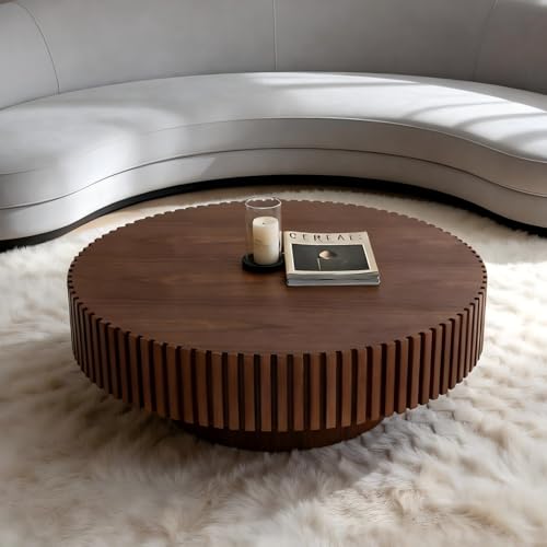 Coffee Table Modern Wood Round Fluted, Ø31.5'' X 13.8''H Small Space Brown Circular Drum Coffee Tables Circle Fluted Center Living Room Drum Tea Accent Apartment Home Furniture Easy Assembly Walnut - color: 31.49 Walnut 2026