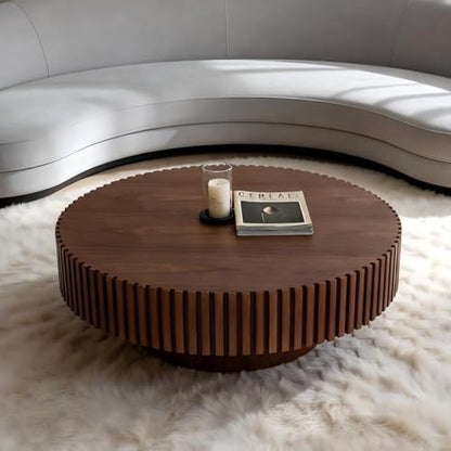 Coffee Table Modern Wood Round Fluted, Ø31.5'' X 13.8''H Small Space Brown Circular Drum Coffee Tables Circle Fluted Center Living Room Drum Tea Accent Apartment Home Furniture Easy Assembly Walnut - color: 31.49 Walnut 2026