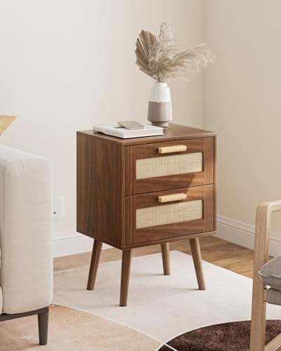 Masupu Rattan Night Stand, Modern nightstand Boho Bedside Table with 2 Drawer, Small End Side Table for Bedroom, Living Room, Office, Walnut - color: Walnut