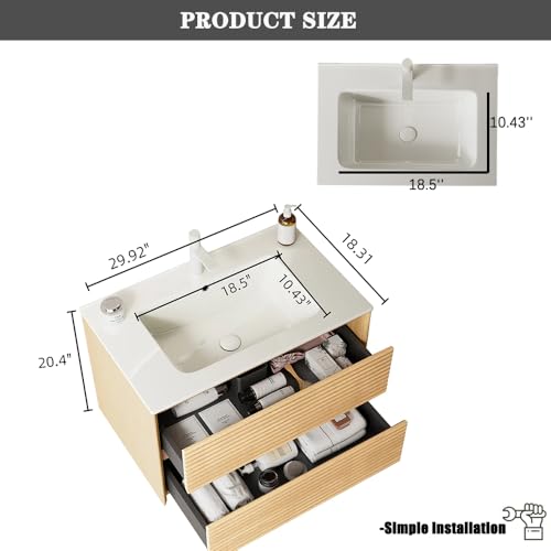 30" Floating Bathroom Vanity with Sink, Wall Mounted Modern Bathroom Cabinet with 2 Soft Close Drawers, Oak & Plywood, Pre-Assembled with Integrated Ceramic Basin – Sedona, Light Oak - color: Light Oak, size: 30 Inch