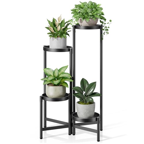 4 Tier Black Metal Foldable Corner Plant Stand w/ 7.9" Wide Tray Lg Pot - color: BlackDisk