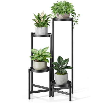 4 Tier Black Metal Foldable Corner Plant Stand w/ 7.9" Wide Tray Lg Pot - color: BlackDisk