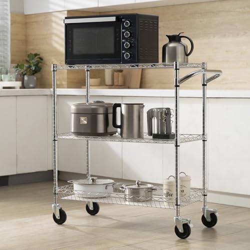 VEVOR Kitchen Utility Cart, 3 Tiers, Wire Rolling Table with 661 LBS Capacity, Steel Service Desk on Wheels, Metal Storage Trolley with 80 mm Deep Basket Curved Handle PP Liner 6 Hooks - size: 18"D x 35"W x 40.9"H