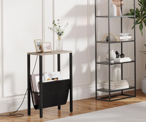 Narrow End Table with Charging Station, Slim Sofa Side Table with USB Ports & Outlet, Narrow Nightstand with Storage Bag, Small Side Table for Small Spaces, Living Room, Bedroom, Greige - color: Greige