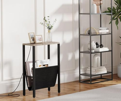 Narrow End Table with Charging Station, Slim Sofa Side Table with USB Ports & Outlet, Narrow Nightstand with Storage Bag, Small Side Table for Small Spaces, Living Room, Bedroom, Greige - color: Greige