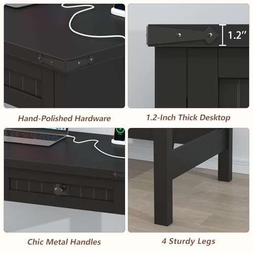 YOMILUVE Farmhouse Computer Desk with 2 Drawers, 39 Inch Small Black Computer Desk with Power Outlets, Home Office Desk Compact Writing Study Table for Small Spaces - color: Black