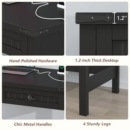 YOMILUVE Farmhouse Computer Desk with 2 Drawers, 39 Inch Small Black Computer Desk with Power Outlets, Home Office Desk Compact Writing Study Table for Small Spaces - color: Black
