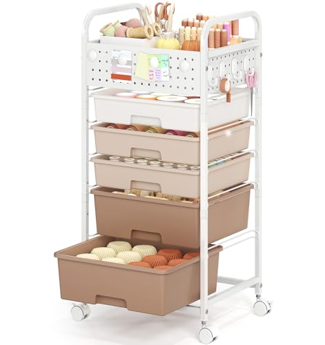 5 Drawer Rolling Storage Cart with Pegboard Top and Hooks, Brown | Mobile Organizer Cart with Wheels for Office Supplies, Craft Storage, Classroom Organization, Home Utility Cart - color: Brown, size: 5-Drawers