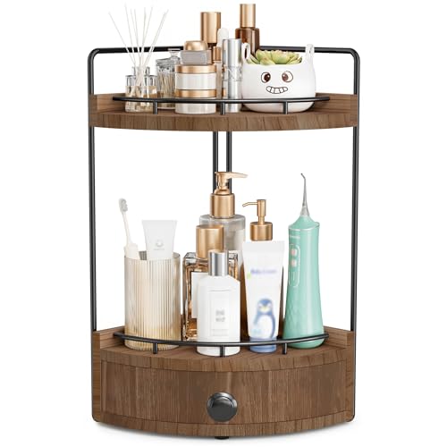 2-Tier Corner Bathroom Counter Organizer with Drawer, Dark Brown | Embedded Screw Holes, Wooden Countertop Organizers, Space-Saving, Bottom Ventilation Design, Counter Shelf for Vanity - color: Dark Brown