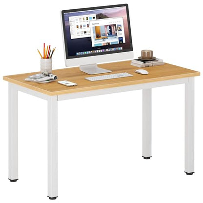 DlandHome 39 inches Small Computer Desk for Home Office, Teak and White | Gaming Study Writing Desk, Modern Simple Computer Table, Sturdy Metal Frame, Adjustable Feet, Compact Modern Design - color: Teak + White, size: 39 inch