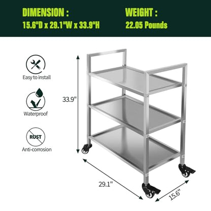 3 Shelf Stainless Steel Cart, 400 Lbs, 1MM Thick, Serving Cart with Wheels, Household, Service Trolley, 360°Rotation Storage Shelf with Locking Wheels