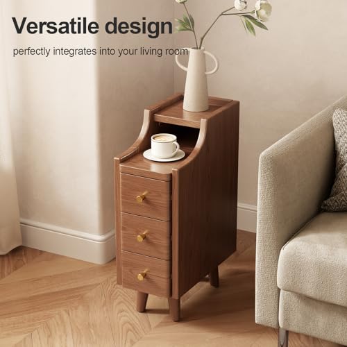 Solid Wood Narrow Nightstand with Drawers,Walnut Nightstand Wood Bedside Table Modern for Bedroom,Study,Toilet - color: Walnut, size: 15.75"D x 7.87"W x 23.62"H(3 Drawers)