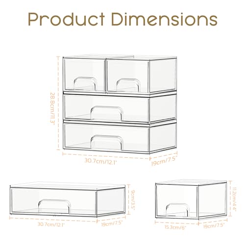 Criusia Stackable Storage Drawers, 4 Pack Clear Plastic Makeup & Bathroom Organizer, Versatile Storage Bins for Vanity, Under Sink, Kitchen Cabinets & Pantry - size: 4 PACK