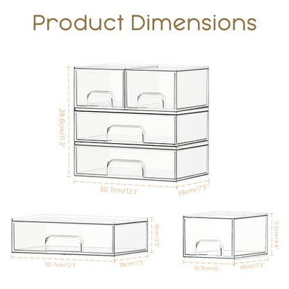 Criusia Stackable Storage Drawers, 4 Pack Clear Plastic Makeup & Bathroom Organizer, Versatile Storage Bins for Vanity, Under Sink, Kitchen Cabinets & Pantry - size: 4 PACK