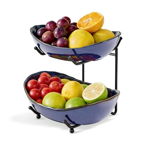 DUJUST 2 Tier Fruit Bowl, Kiln Altered Glaze Ceramic Fruit Stand, Stackable & Easy to Store, Multifunctional Serving Tray for Fruit/Vegetables/Snacks, Microwave & Dishwasher Safe - Dark Blue - color: 2-Tier Dark Blue