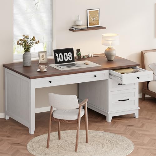 Garvee 53.5" Wooden Home Office Desk with File Drawers, Executive Desk with Power Outlet, Farmhouse Wood Desk with Storage, Distressed Study and Work Table, Rustic White - color: Rustic White, size: 53.5" W