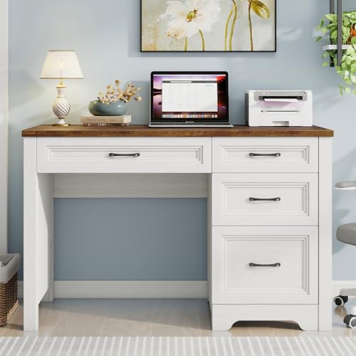 Halitaa Farmhouse Home Office Desk with Drawers, Wood Computer Desk with Ample File Drawer, Rustic Executive Desk with Storage for Work Study Bedroom Living Room, White - color: Brown White, size: 19.69"D x 47.24"W x 30.71"H
