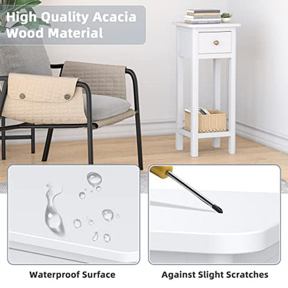 Giantex Tall End Table, Narrow Side Table with Drawer and Shelf, Acacia Wood Nightstand for Living Room, 2-Tier Bedside Table for Small Space, No Assembly, White - color: White