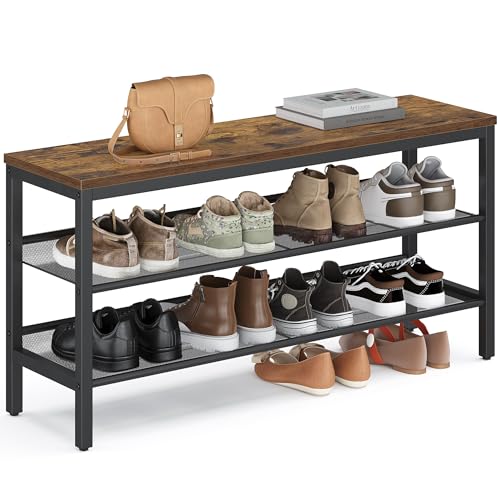 VASAGLE 3 Tier Shoe Rack Bench, One Piece Shelves, Industrial Style | Shoe Storage Organizer with Raised Edges, Easy Assembly, 11 x 39.4 x 19.7 Inches, Rustic Brown and Matte Black ULSB075KD01S - color: Rustic Brown + Matte Black, size: 39.4"W
