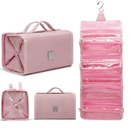 Roll Up Makeup Bag, Travel Toiletry Bag for Women with 4 Clear TSA Approved Pouches, Hanging Travel Organizer, Folding Cosmetic Bag for Men and Women - color: pink