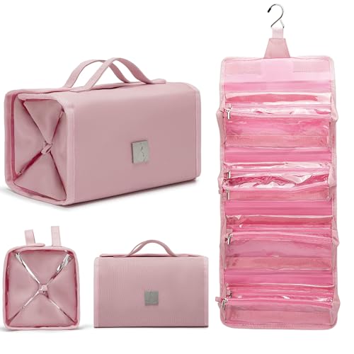 Roll Up Makeup Bag, Travel Toiletry Bag for Women with 4 Clear TSA Approved Pouches, Hanging Travel Organizer, Folding Cosmetic Bag for Men and Women - color: pink
