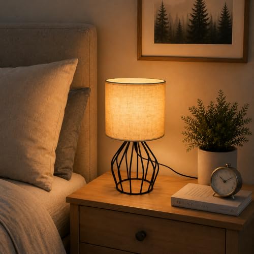 Small Bedside Lamp for Bedroom, Decorative Nightstand Lamp with Black Metal Base and Linen Shade, Cute Table Lamp for Small Spaces, Dorm Room & Apartment