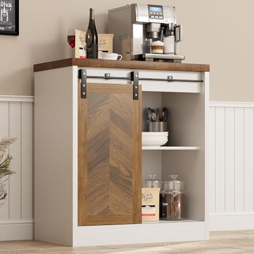 Catrimown Farmhouse Small Coffee Bar Cabinet with Storage, White Coffee Bar Table with Sliding Barn Door, Adjustable Shelves, Bar Cabinet for Kitchen, Dining Living Room, 1 Pack